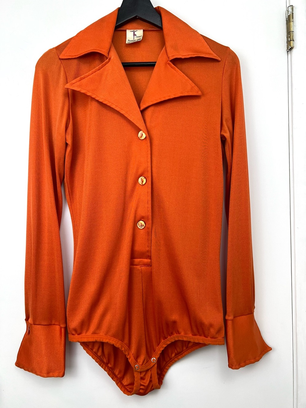 Vintage 70s Made In 🇨🇦 Phantom Knits Nylon Blouson Bodysuit M Rusty Orange Retro